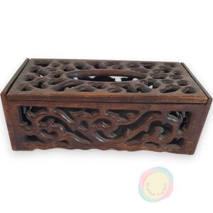 Vintage Hand Carved Wood Tissue Box Cover 11.75" Tiki Boho Pier 1 Style Jali